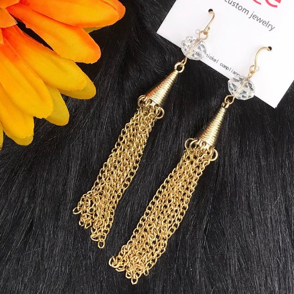 Long Boho Earrings Crystal Fringe Tassel Drops NWT - Picture 4 of 5